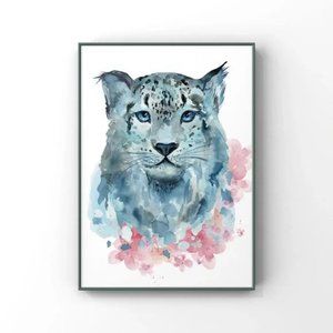 Blue Pink watercolor Snow Leopard portrait wall art home decor.